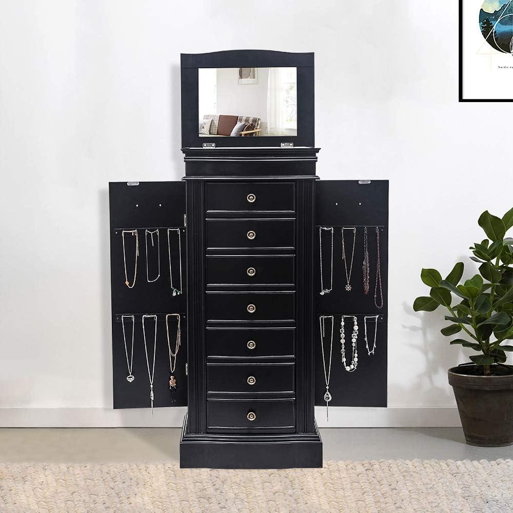 Black MDF Jewelry Armoire with Mirror and Drawers