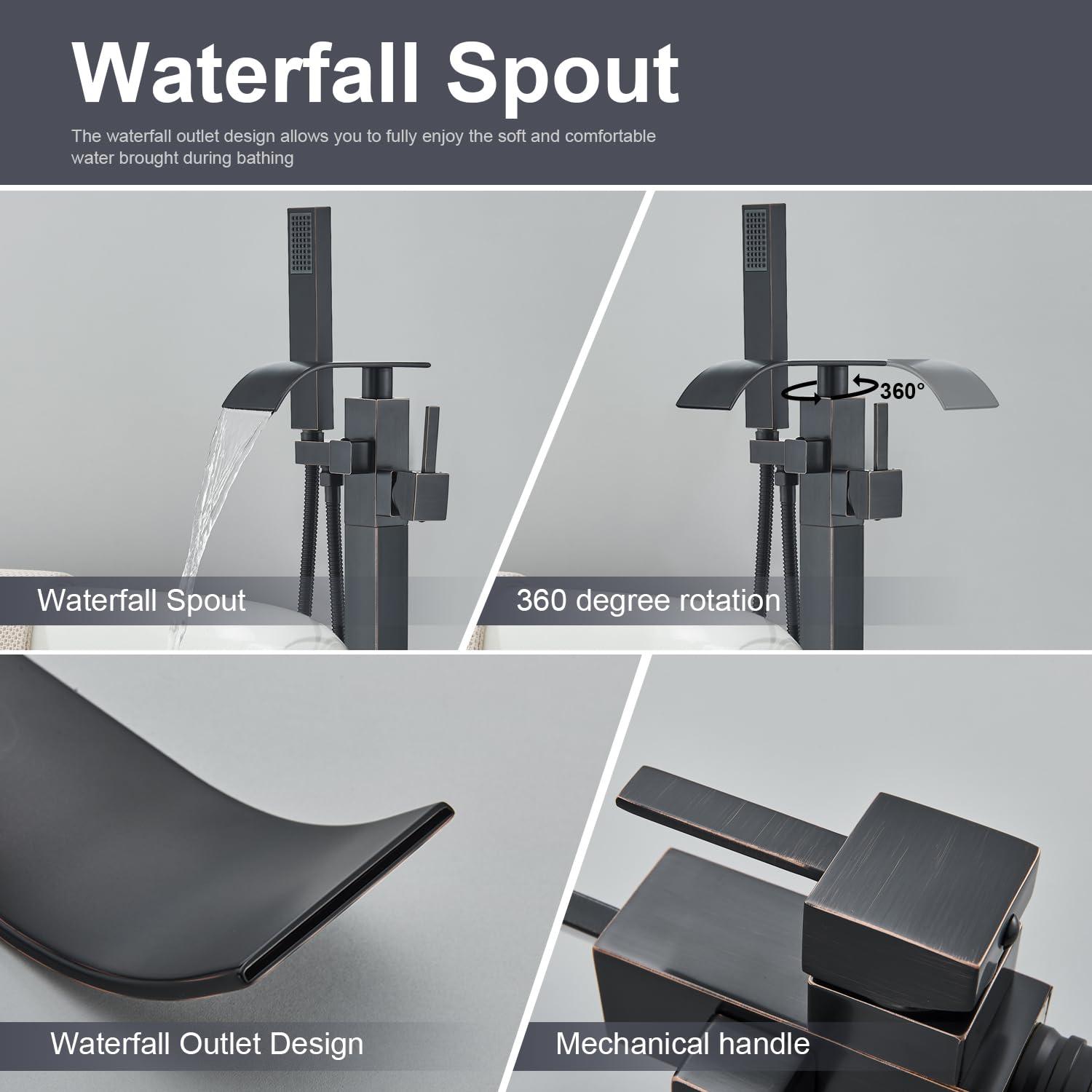 Senlesen Barthroom Tub Filler Faucet Floor Mounted Bathtub Shower Faucet Waterfall Spout Free Standing Tub Mixer Tap with Handheld Sprayer