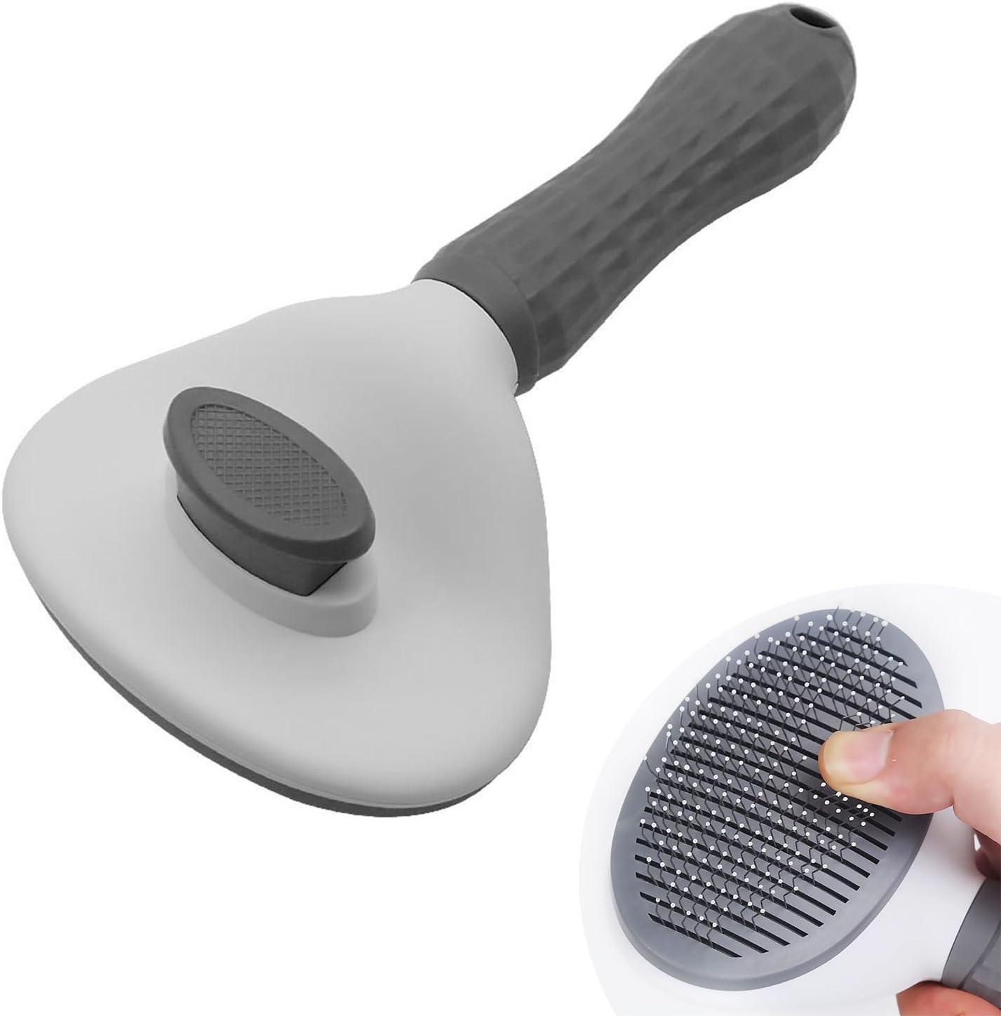 Gray and White Self-Cleaning Pet Grooming Brush