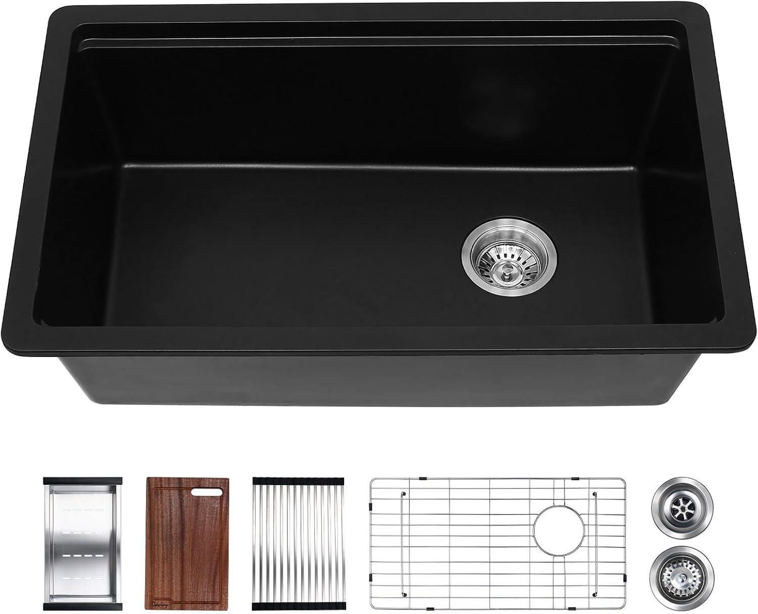 Davivy 33 Inch Black Granite Composite Kitchen Sink Workstation, 33 X 22 Quartz Composite Dual Mount Sink, Matte Black Composite Single Bowl Sink