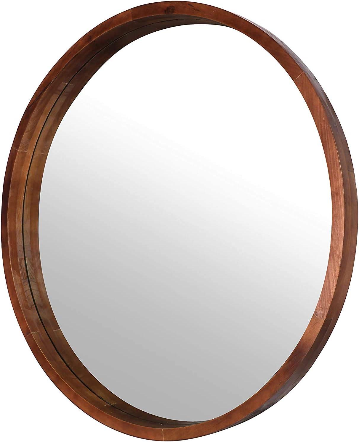 Elegant Walnut Brown 22" Round Wood Wall Mirror