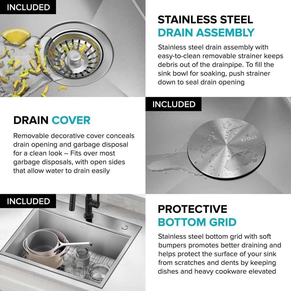 Kraus KWT311-25 KRAUS Kore™ Workstation 25-inch L Drop-In 16 Gauge Single Bowl Stainless Steel Kitchen Sink with Accessories