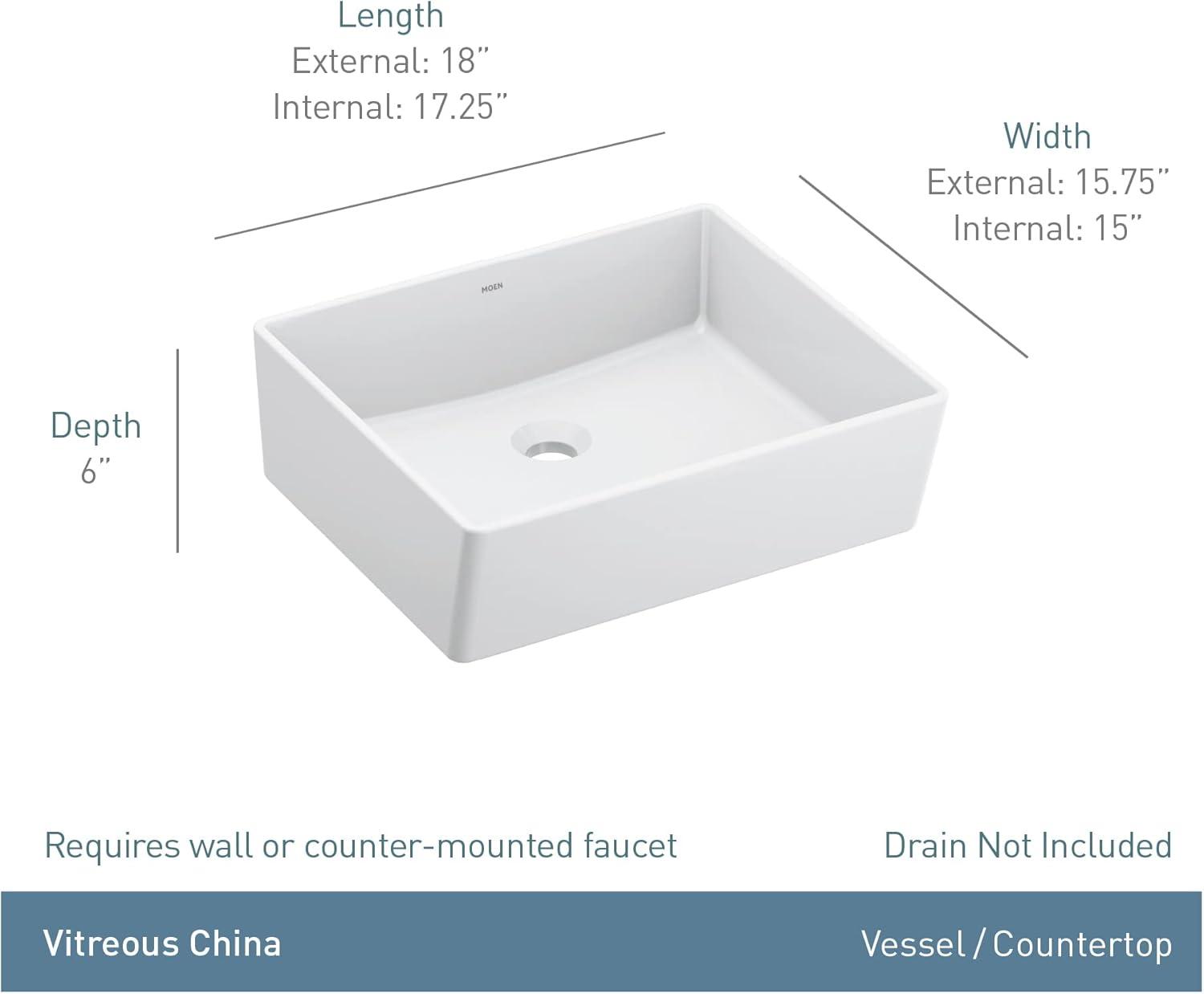 Moen BGCW10RV1618 White Vitreous China Vessel Sink For Bathroom, 18 X 15.75 X 6 Inch Rectangle Sink With Porcelain Ceramic Bowl