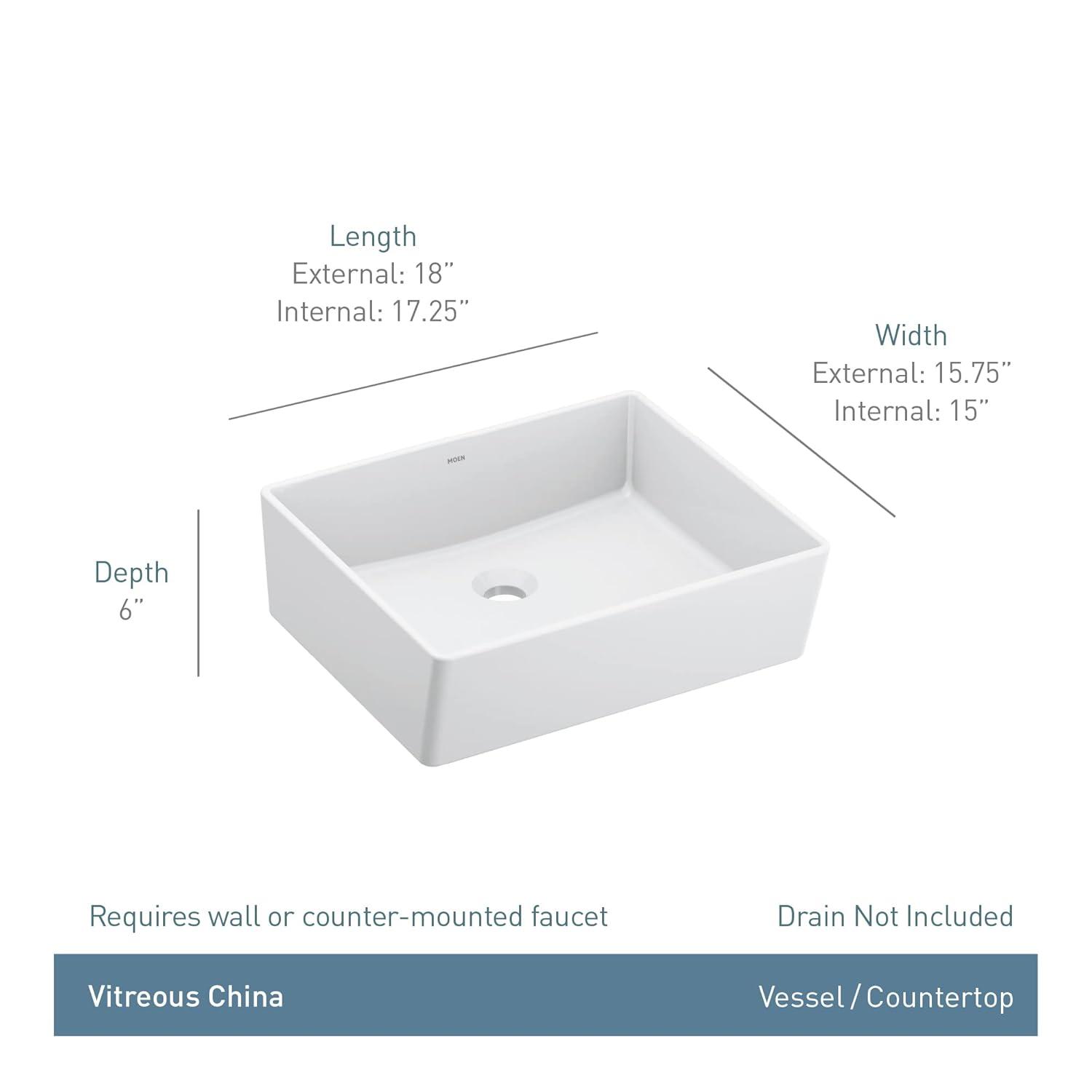 Moen BGCW10RV1618 White Vitreous China Vessel Sink For Bathroom, 18 X 15.75 X 6 Inch Rectangle Sink With Porcelain Ceramic Bowl