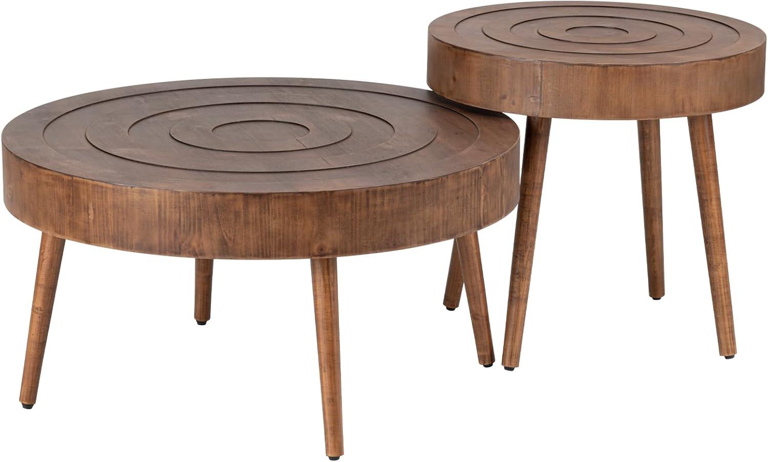COSIEST 2 Piece Round Coffee Table Set, Modern Nesting Table with Handcrafted Wood Ring Motif, Farmhouse Wood End Table for Living Room