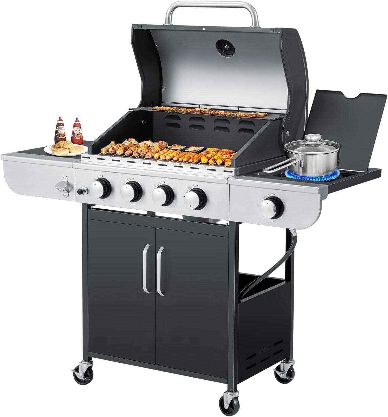 Stainless Steel 4-Burner Propane Gas Grill with Side Burner