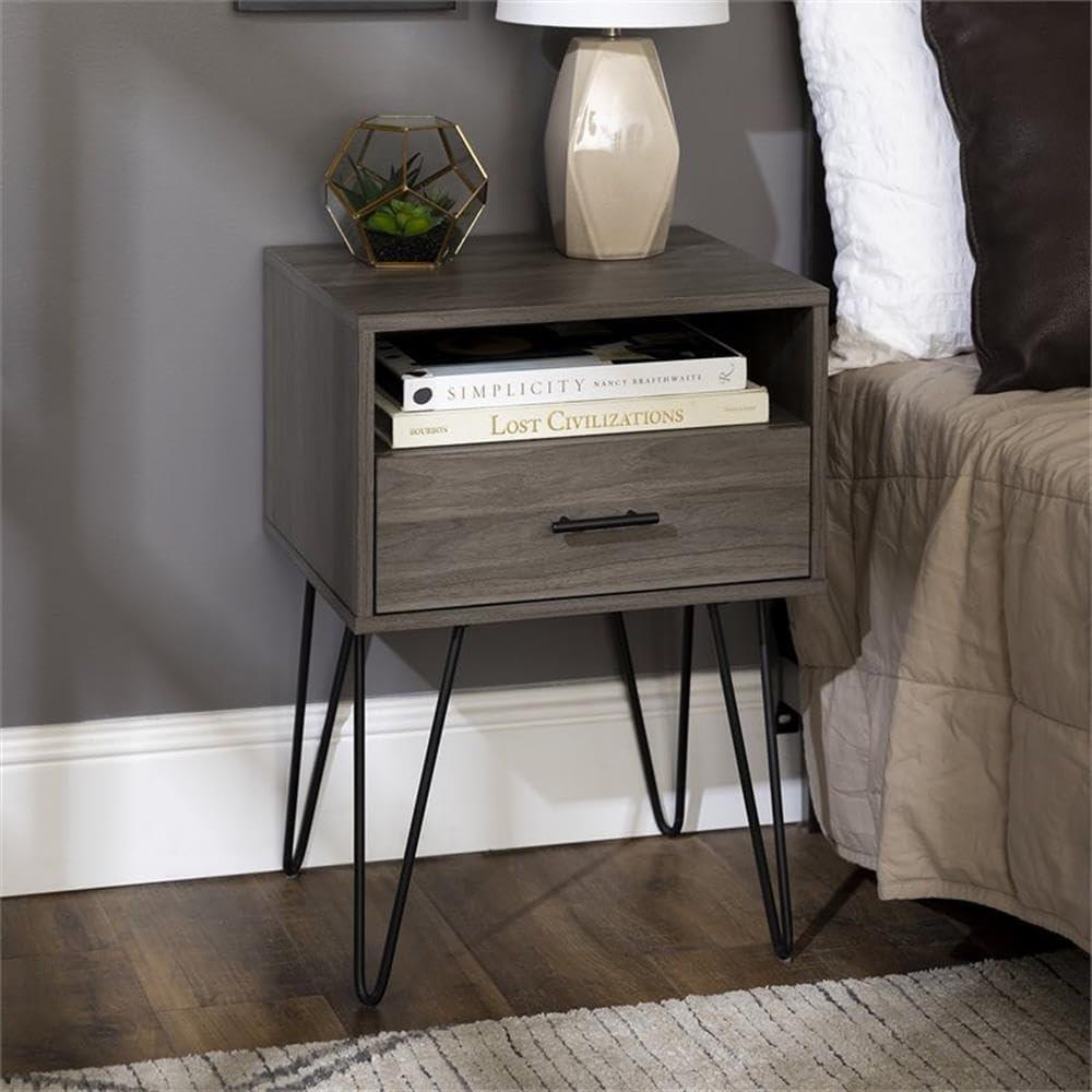 18" Modern Single Drawer Hairpin Leg Bedroom Nightstand in Slate Gray