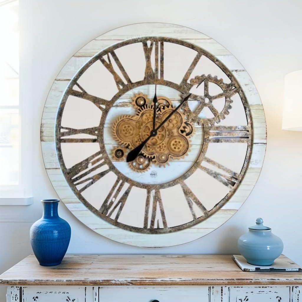 The Gears Clock Wall Clock 36" Round Oversized for Living Room decor with Real Moving Gears America Collection