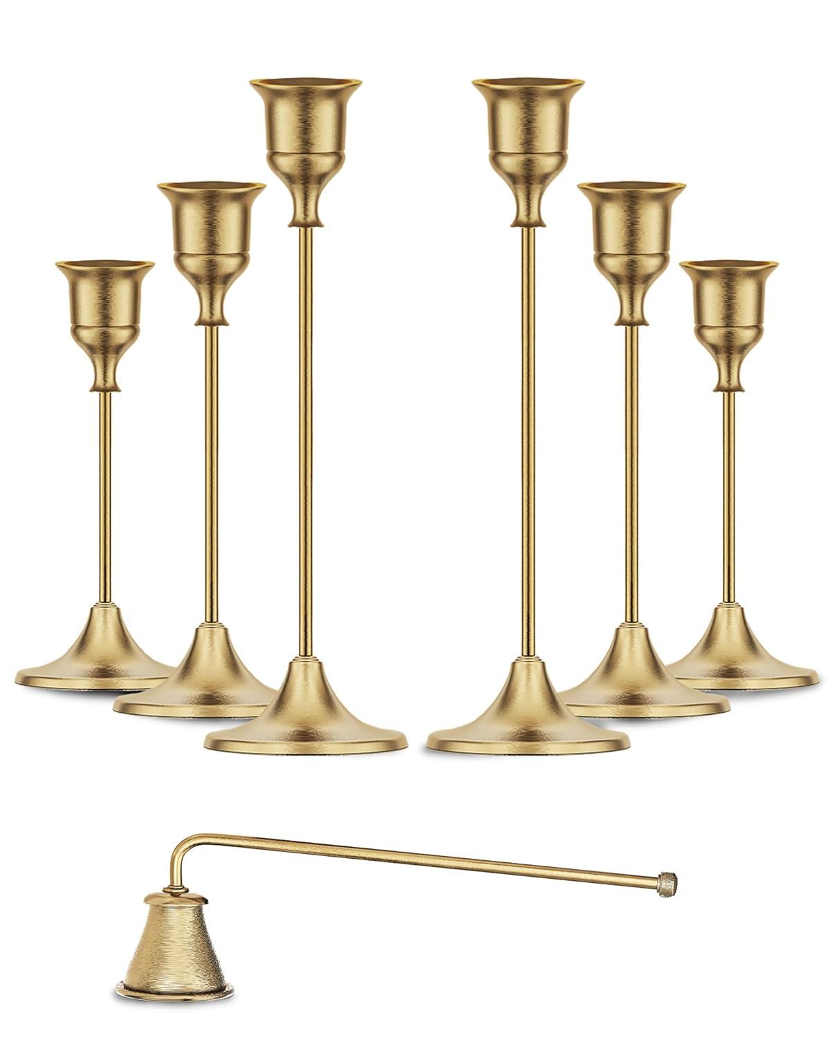 Candleholders For Taper Candlesticks Plus Candle Snuffer – Dining Table Décor Centrepiece - Brass Candelabra Candlestick Holder -  Décor For Home Weddings Celebrations Events (Set Of 6 Pcs)