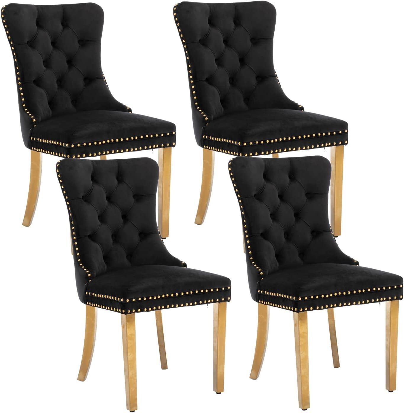 ODUSE-DAILY Black Velvet Dining Chairs Set of 4, Kitchen & Dining Room Chairs, Nailheads Tufted, Sillas De Comedor, Fabric Upholstered, Golden Metal Legs (Black, 4 Pcs)