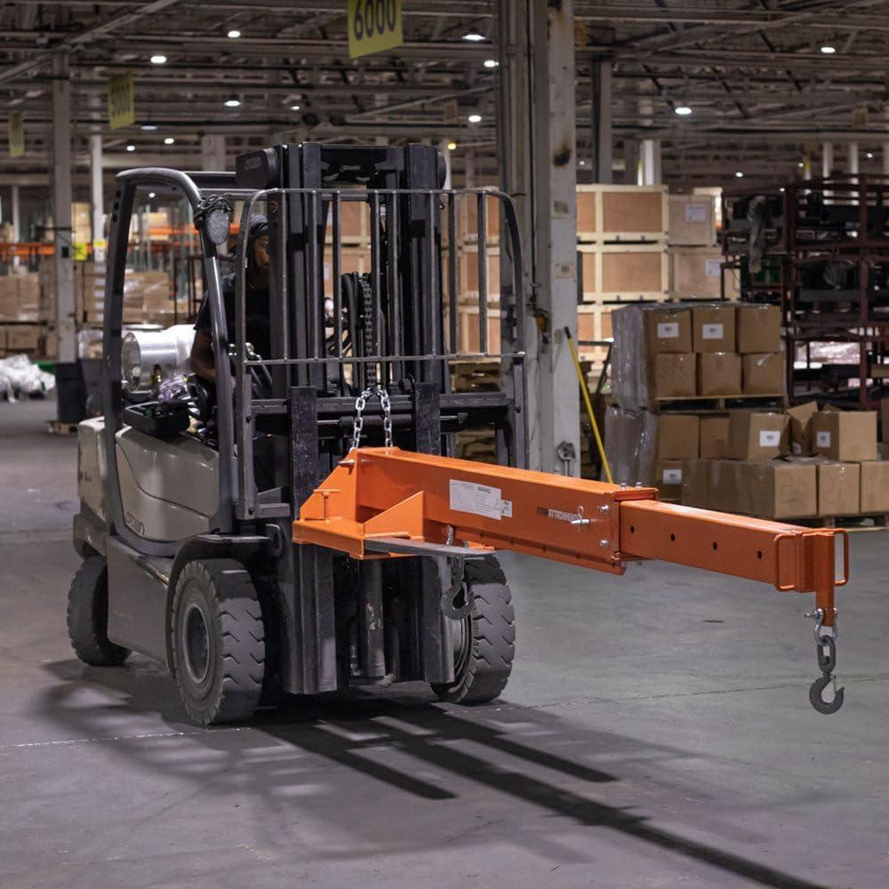 Titan Attachments Fork Mounted Adjustable Hoist Jib Boom Crane, Manual Telescopes 79"-147", 6000 LB Lift Capacity, Two 3 Ton Swivel Hooks, Ideal for Warehouse or Factories