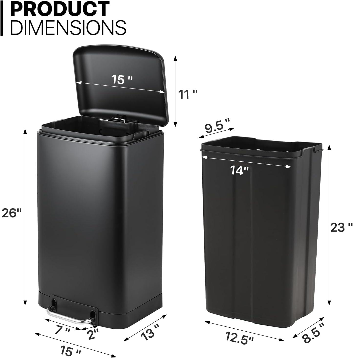 Black Stainless Steel 40L Rectangular Step Trash Can