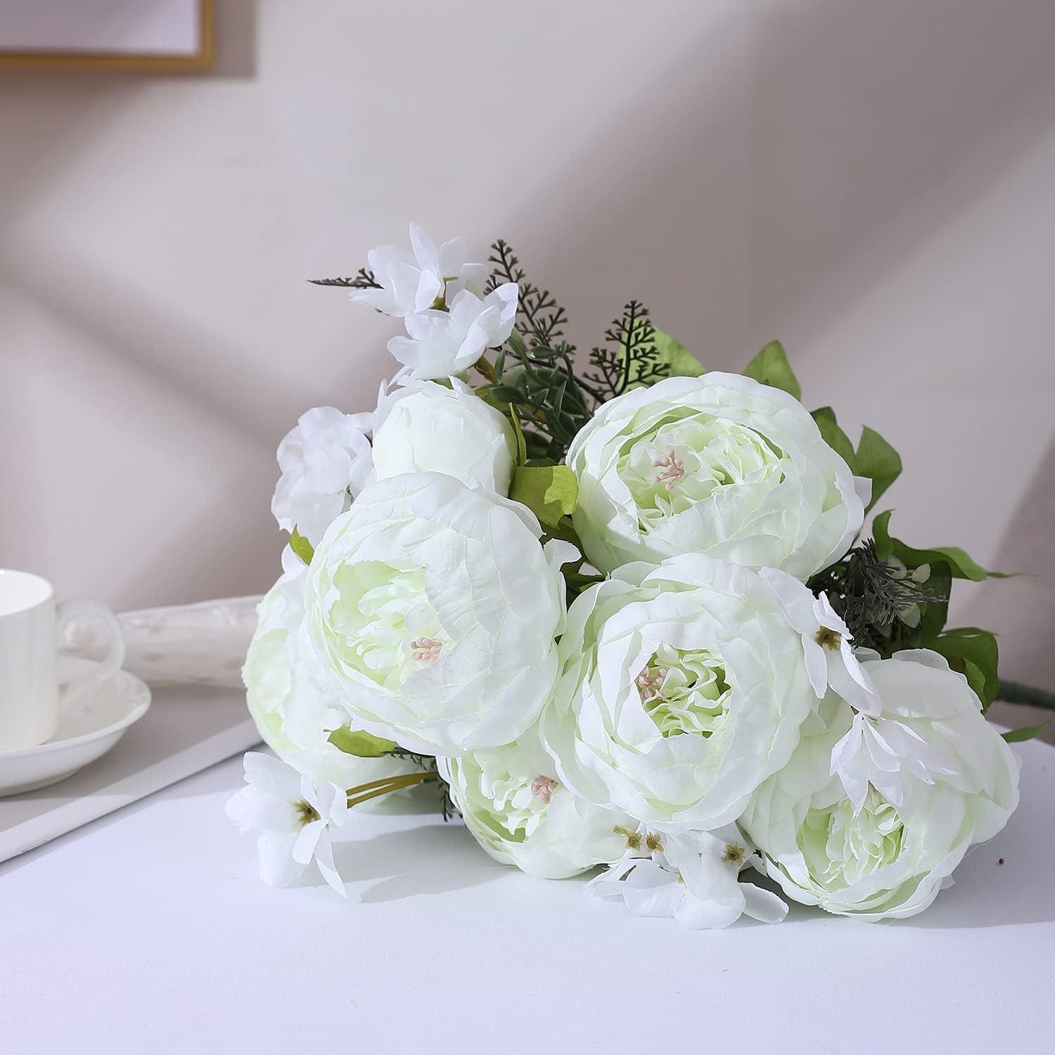 Springs Flowers Artificial Silk Peony Bouquets Wedding Home Decoration,Pack of 1 (Spring White)