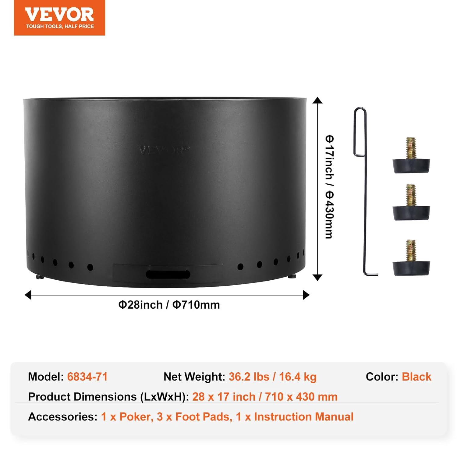 VEVOR 28 inch Smokeless Fire Pit Stove Bonfire, Wood Burning Fireplaces with Removable Ash Pan, SUS430 Stainless Steel Inner Portable Outdoor Firepit,for Outdoor Patio Camping High 17 inch