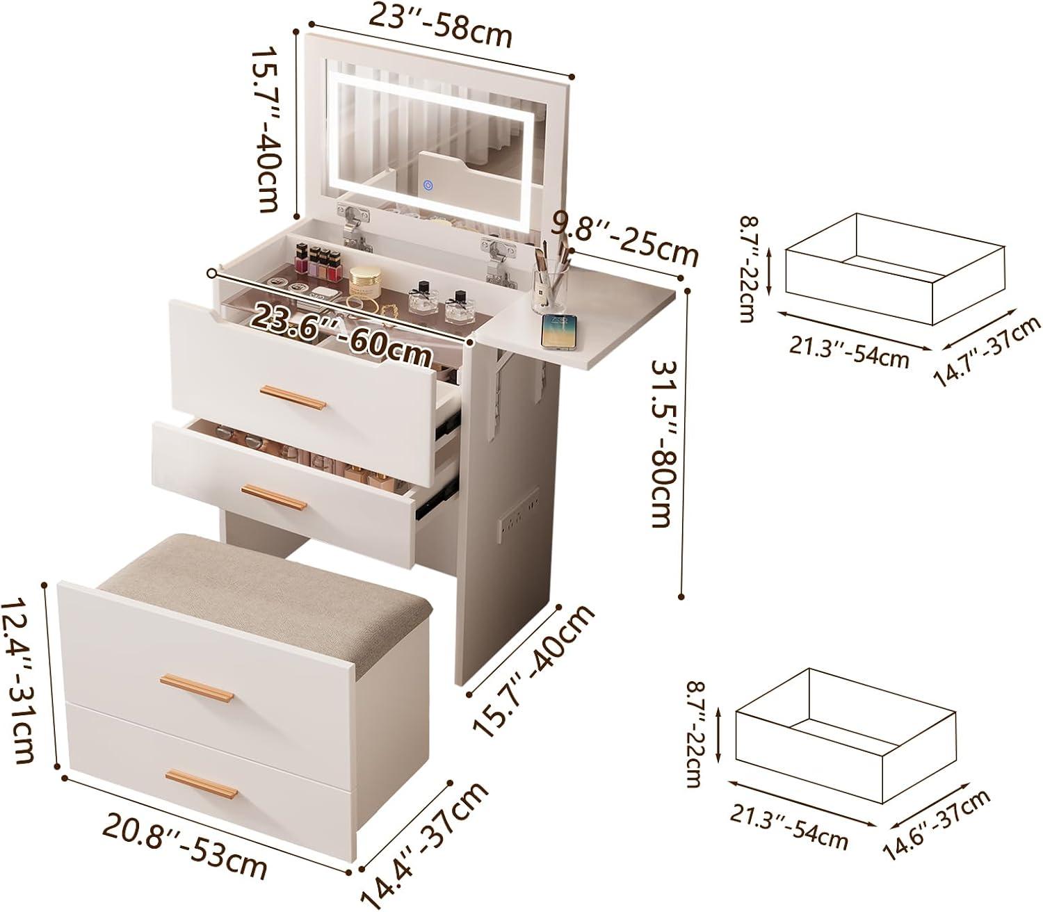 Makeup Vanity Desk with Mirror and Lights, 3-in-1 Vanity Set with 3 Drawers, Small Makeup Vanity with Hidden Stool, Compact Dressing Table Charging Station for Bedroom-White