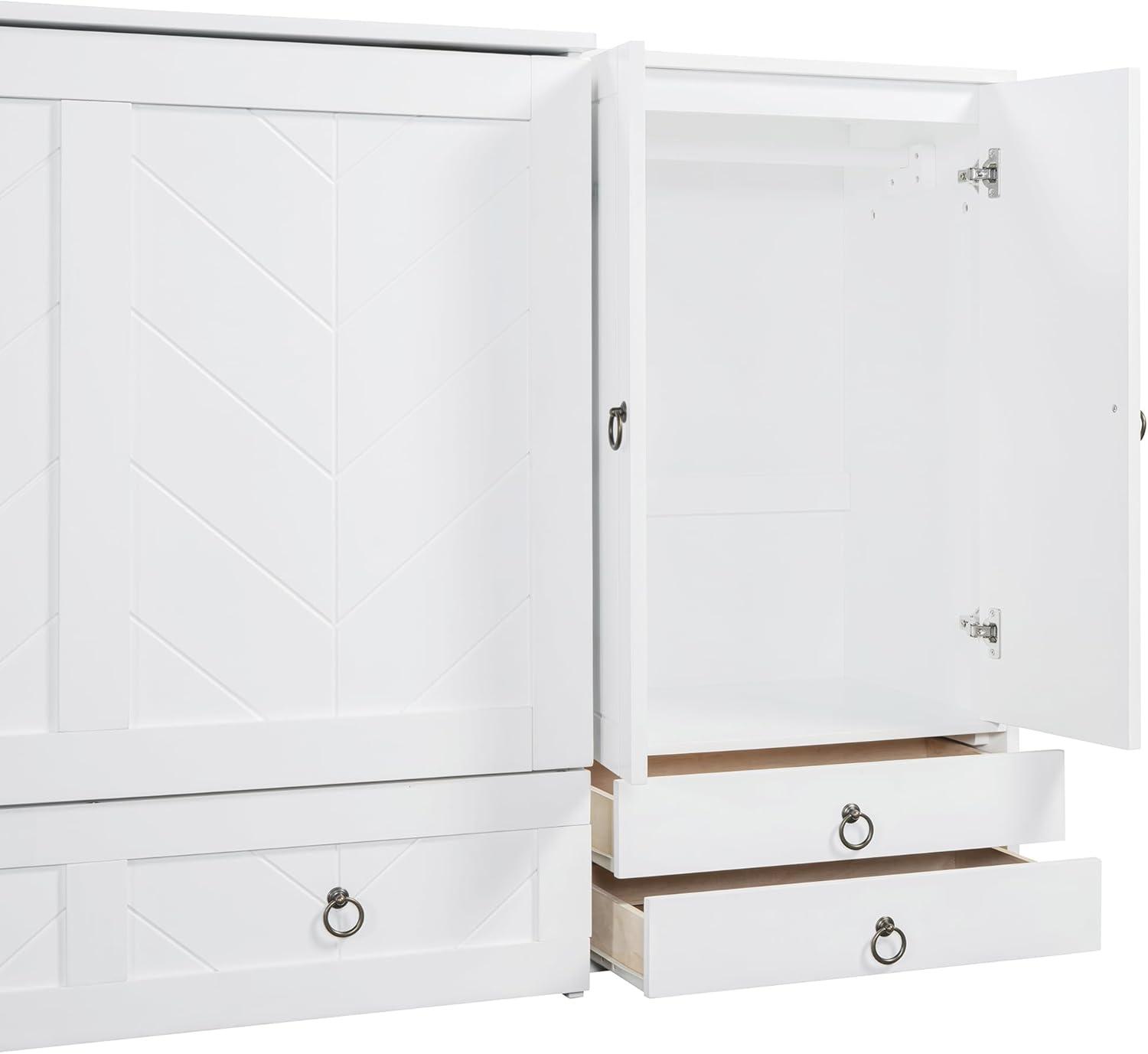 Queen Size Murphy Bed Wall Bed, Solid Pine Murphy Bed Chest Cube Cabinet Bed with USB, Charging Station, Bookshelves and Storage Wardrobes and Drawers for Home Office or Small Room-White