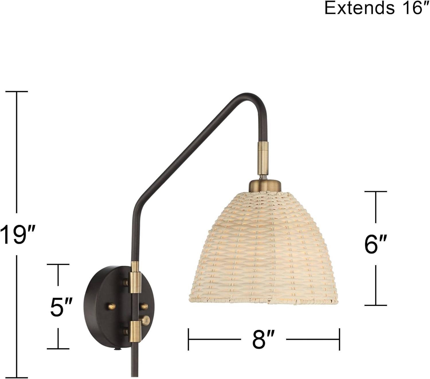 Coastal Swing Arm Adjustable Wall Lamp in Deep Bronze and Brass with Rattan Shade