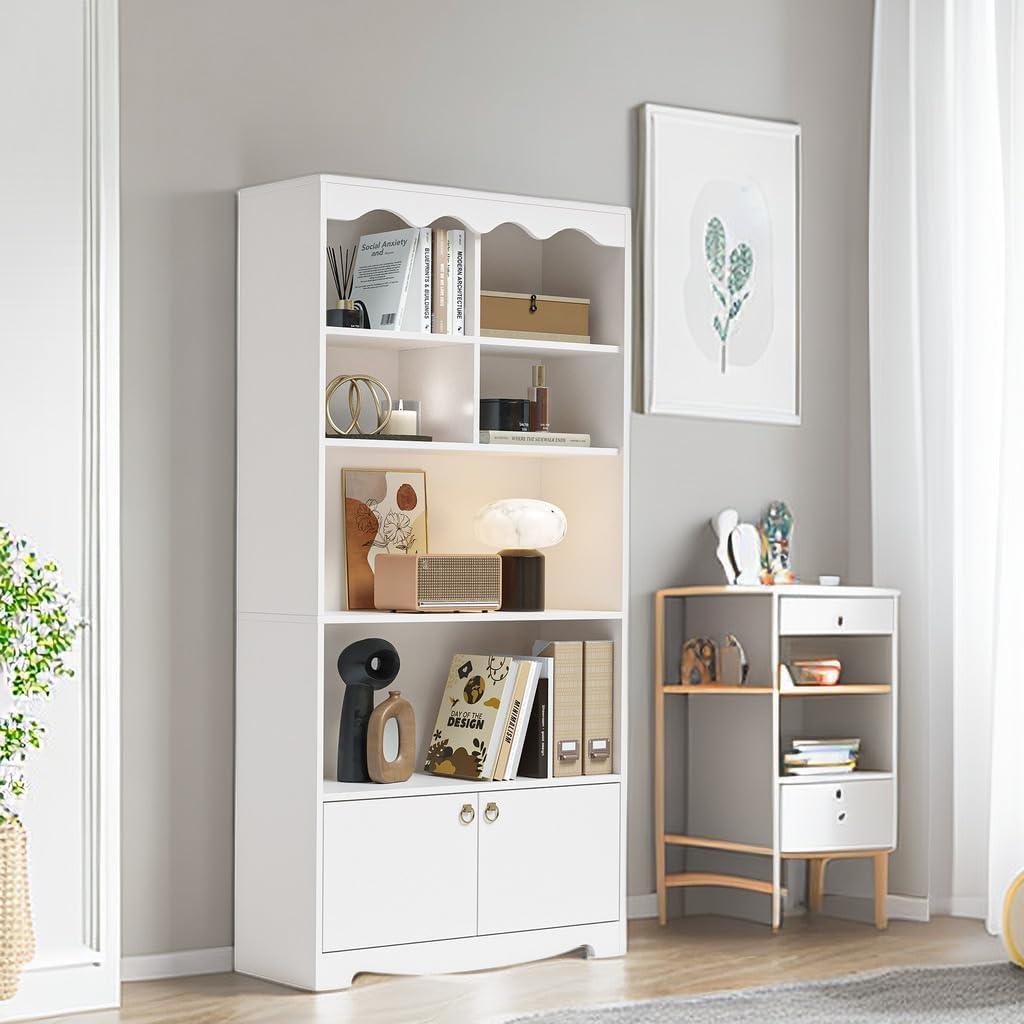 TROPOW 63 Inches Tall Storage Cabinet,5-Tier Bookcase,Wooden Bookshelf Storage Organizer,Freestanding Display Storage Cabinet,Bookcase and Bookshelf for Home Office, Living Room,Bedroom,White