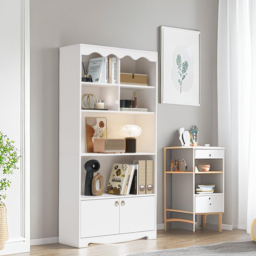 TROPOW 63 Inches Tall Storage Cabinet,5-Tier Bookcase,Wooden Bookshelf Storage Organizer,Freestanding Display Storage Cabinet,Bookcase and Bookshelf for Home Office, Living Room,Bedroom,White