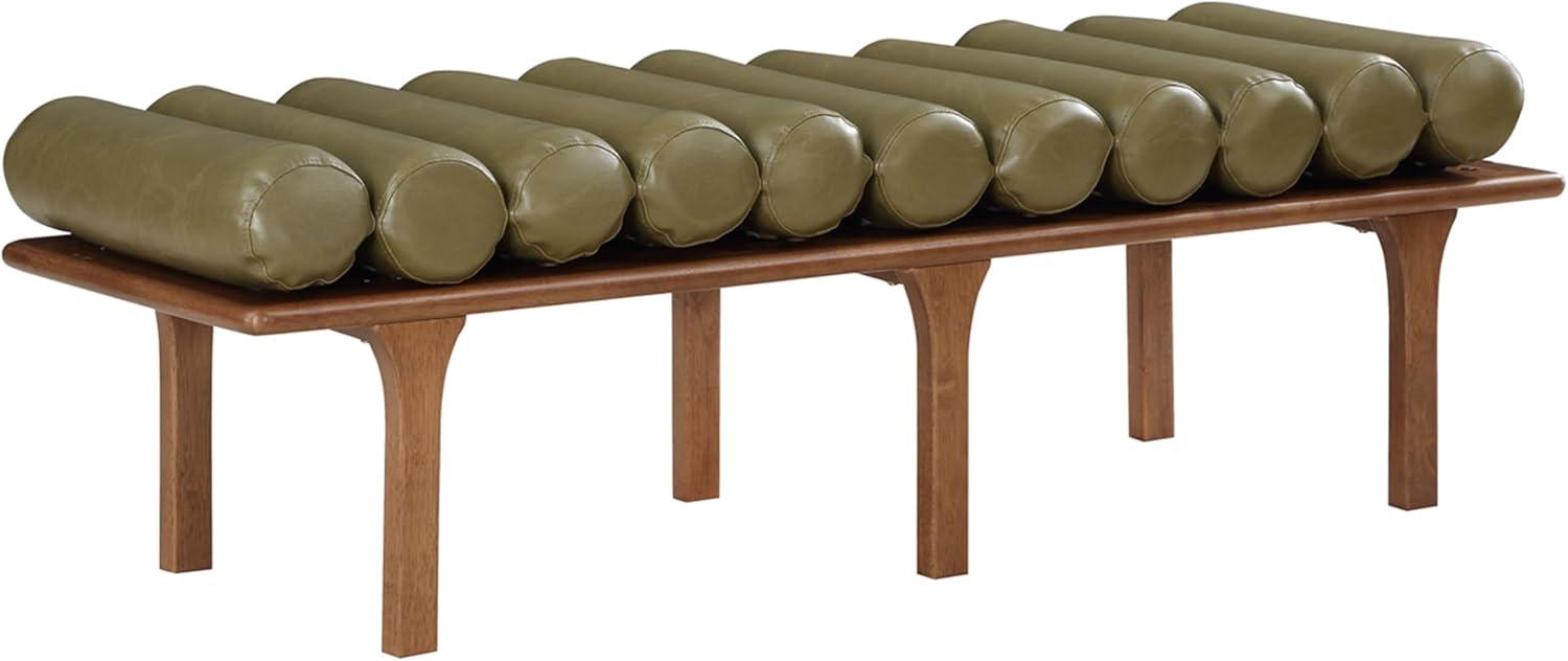 Olive Green Vegan Leather and Walnut Art Deco Bench