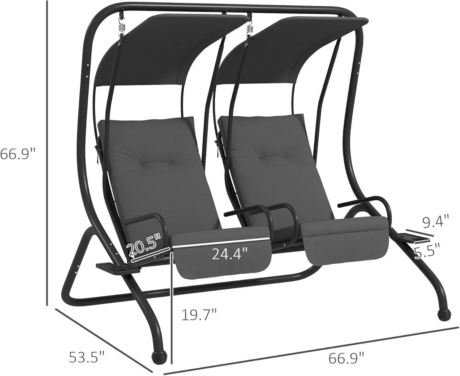 Outsunny Modern 2-Seater Outdoor Patio Swing Chair, Porch Seats with Cup Holder and Removeable Canopy, gray
