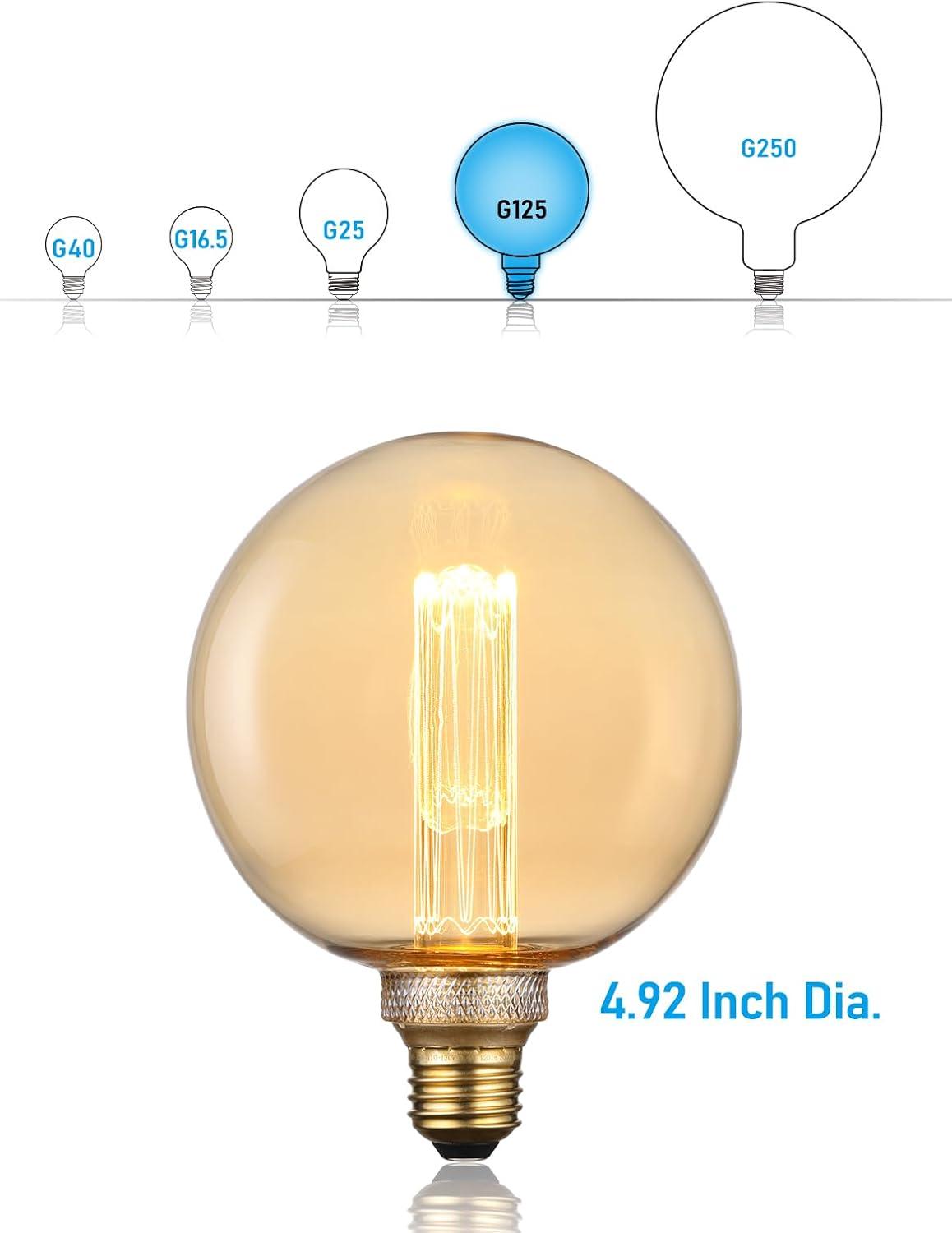 3.5W LED G125 Globe Edison Bulbs Dimmable, Virtual Filament Vintage Decorativ Bulb, Amber Glass, E26 Base, 2000K Soft Warm, UL Listed