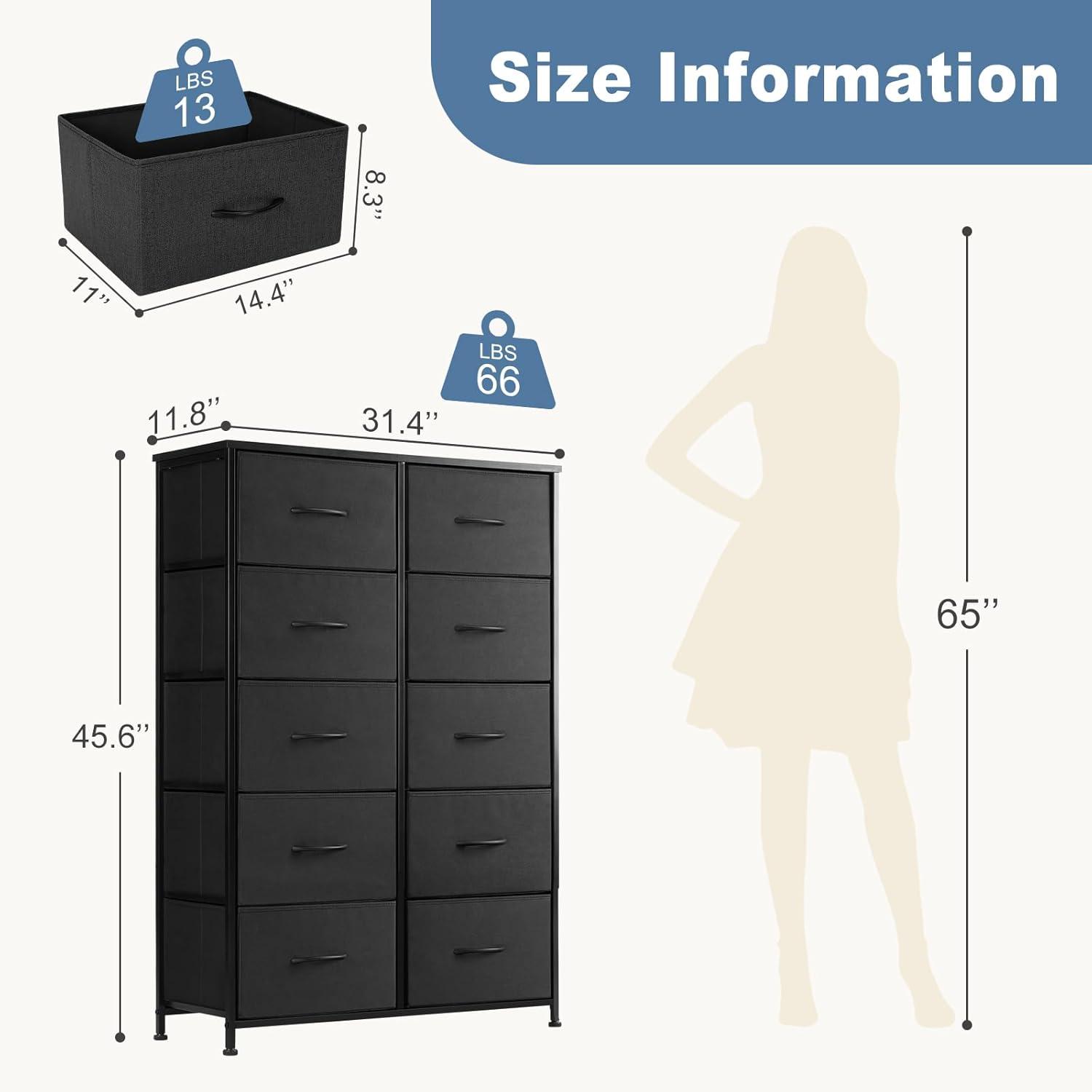 Modern 10-Drawer Fabric Storage Dresser - Tall Chest of Drawers with Steel Frame, Wooden Top, for Bedroom, Closet, Entryway, Black