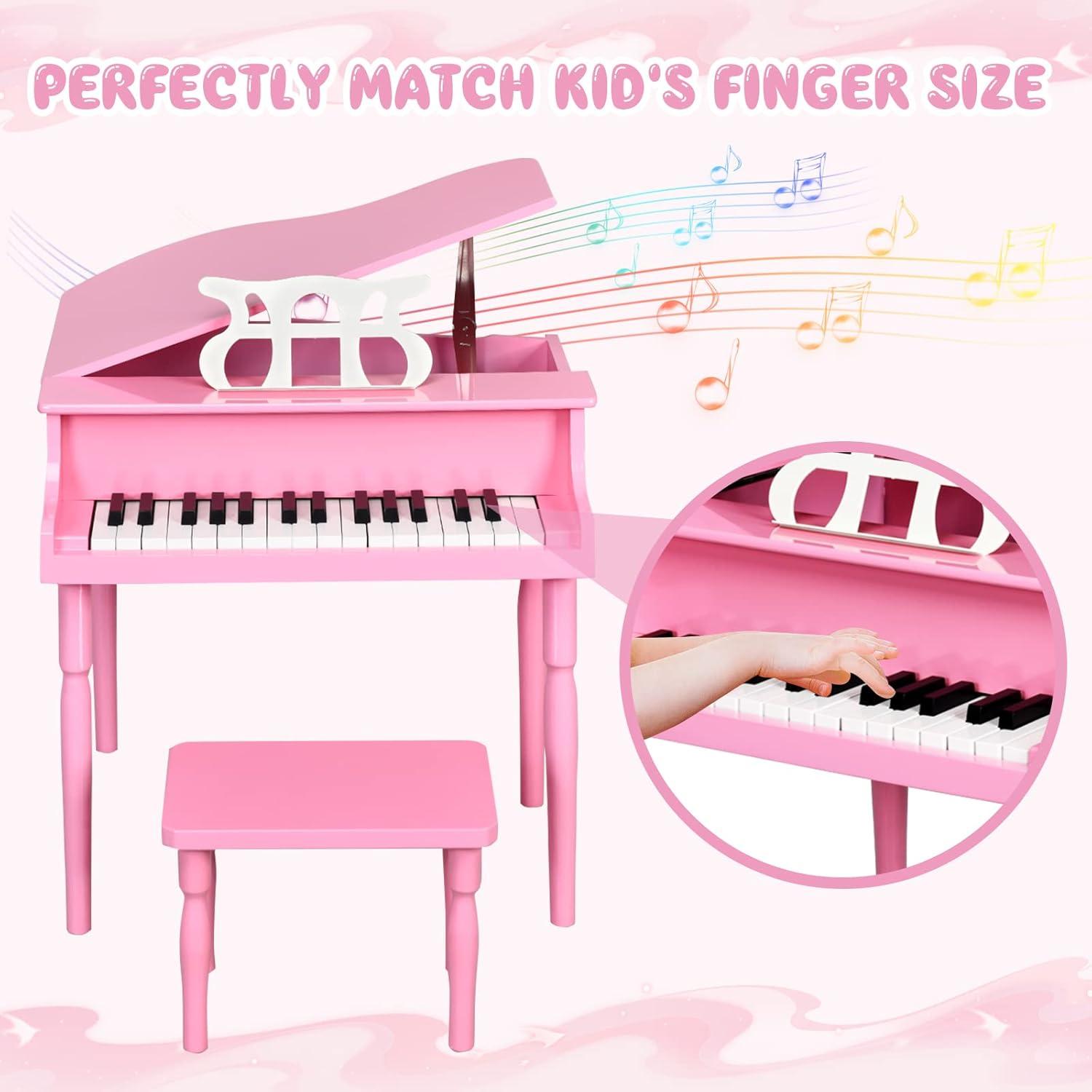 Costway 30-Key Classic Baby Grand Piano Toddler Toy Wood w/ Bench & Music Rack Pink