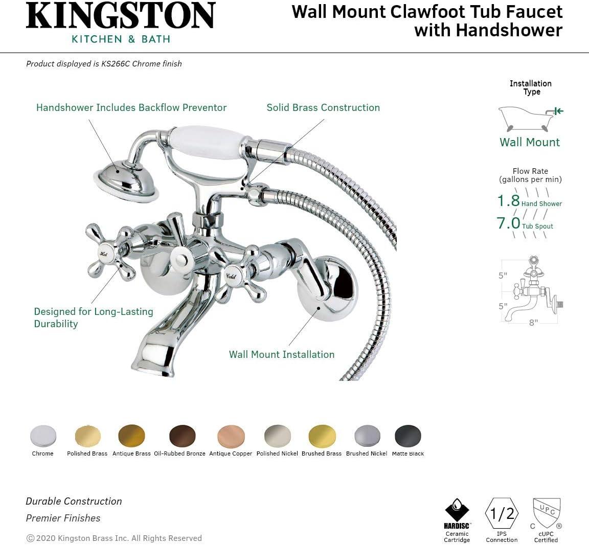 Kingston Brass Kingston Two-Handle 2-Hole Wall Mount Clawfoot Tub Faucet with Hand Shower