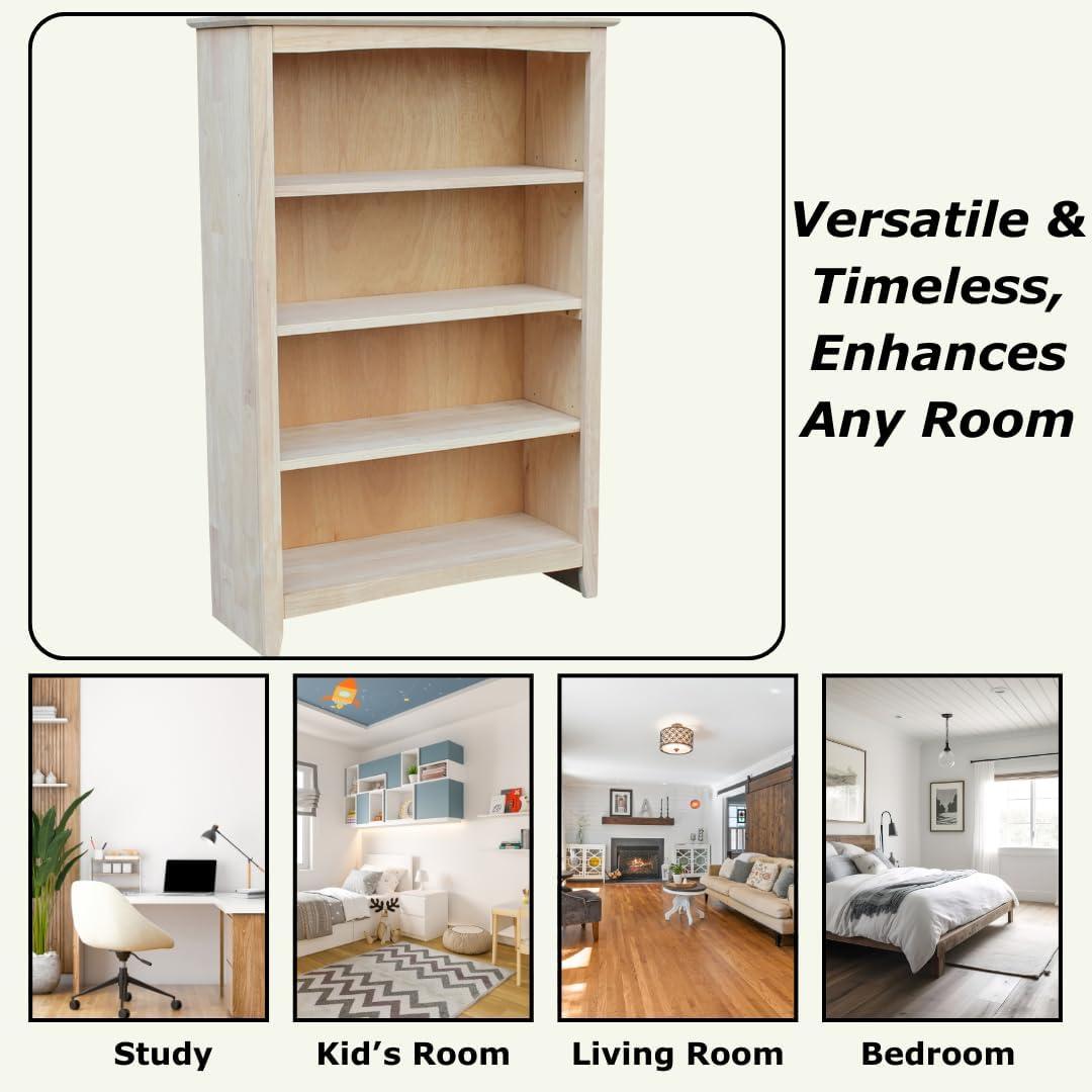 48" Shaker Bookshelf Unfinished - International Concepts: Solid Parawood, 4-Shelf Storage