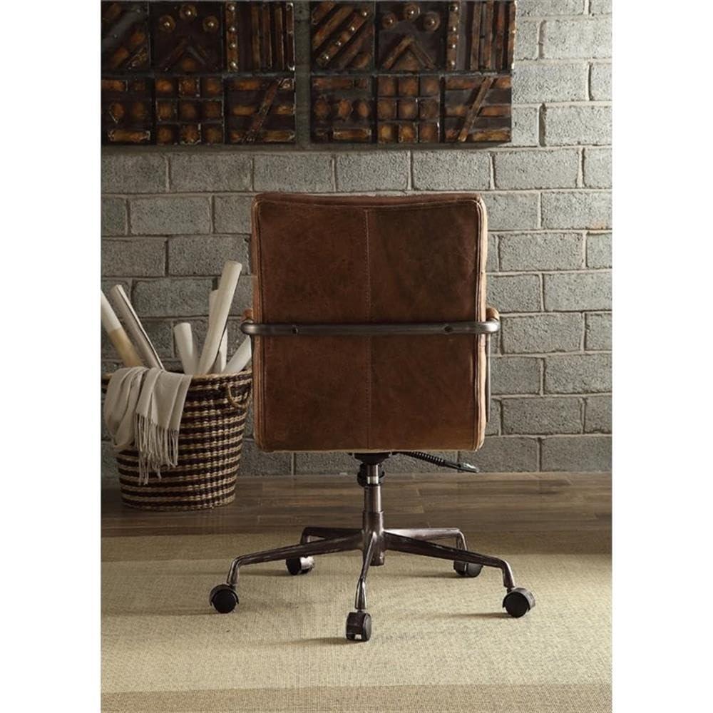 Leather Executive Swivel Office Chair with Lumbar and Back Support and Wheels, Industrial Modern Upholstered Home Desk Chair in Retro Brown Top Grain Leather for Living Room Office