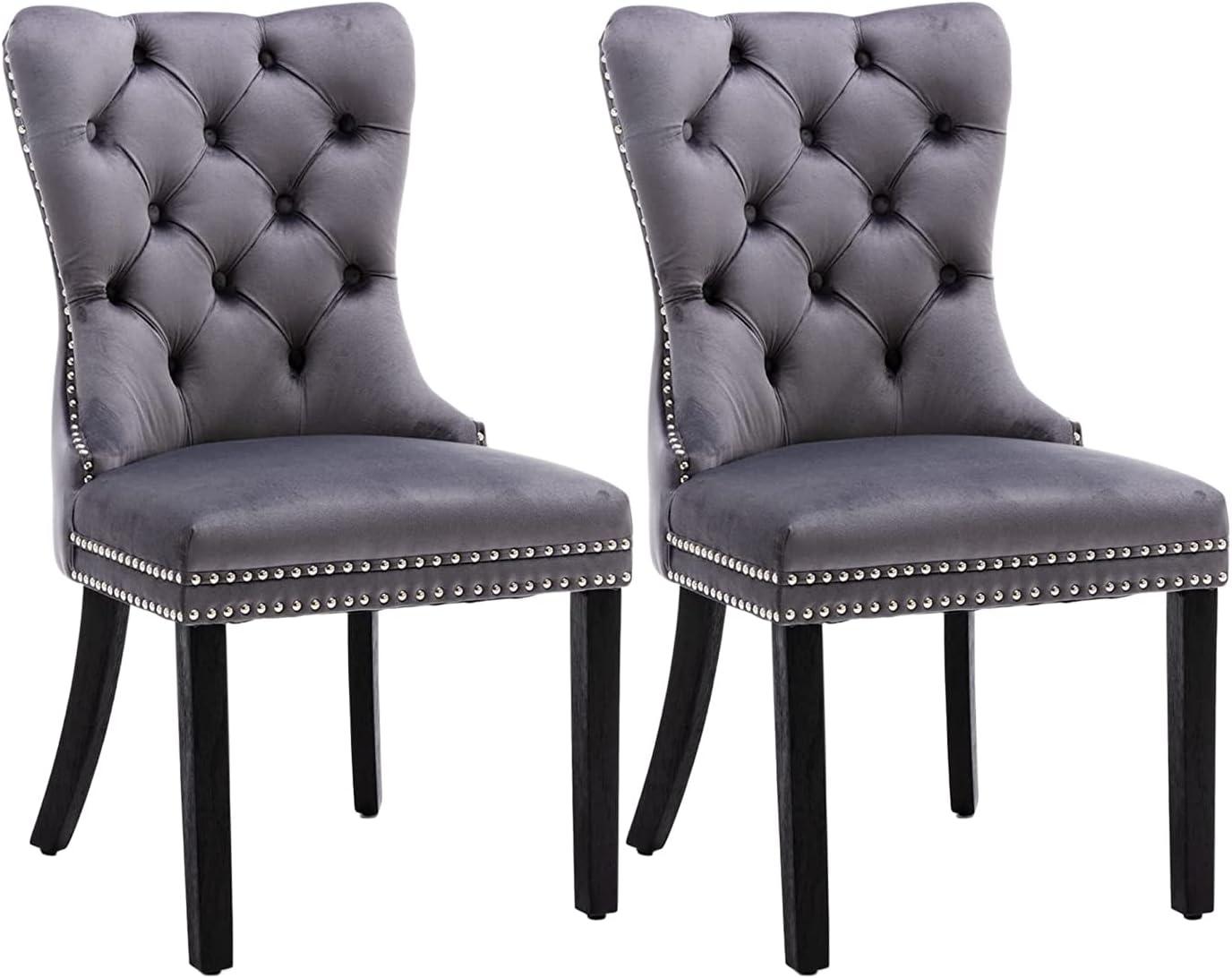 LegaHome Dining Room Chairs Set of 2, Modern Upholstered Velvet and PU Leather Dining Chair with Nailhead Trim and Solid Wood Legs, Tufted Button Padded Chairs Set for Kitchen Dining Room, Gray&Black