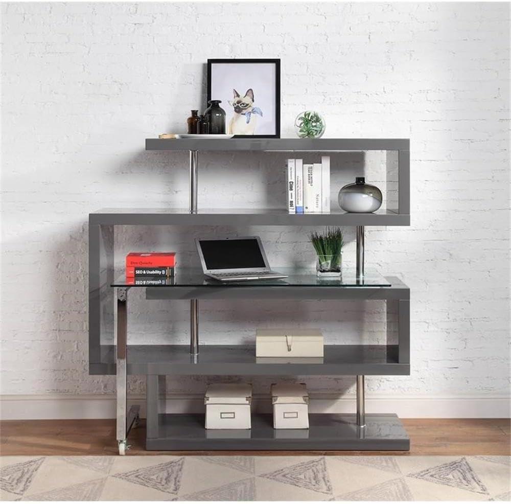 Buck II Writing Desk with Shelf in Clear Glass, Chrome & Gray High Gloss Finish