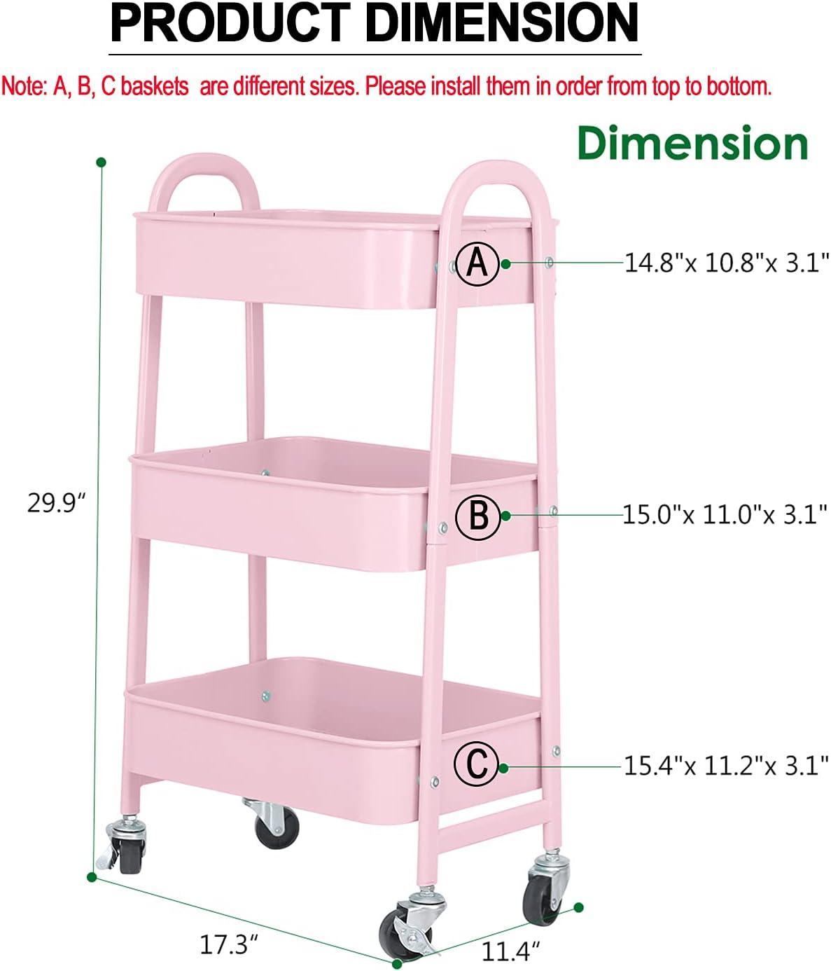 3 Tier Mesh Utility Cart, Rolling Metal Organization Cart with Handle and Lockable Wheels, 3 Hanging Cups and 4 Hooks, Mobile Trolley Cart for Kitchen, Bathroom, Office, Workshop, Pink