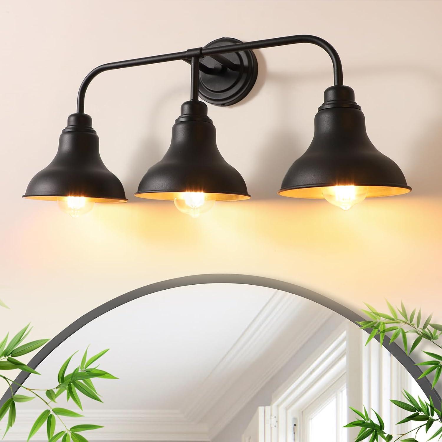 Farmhouse 25.25 in. 3-Light Black Vanity Light with Black Metal Shades