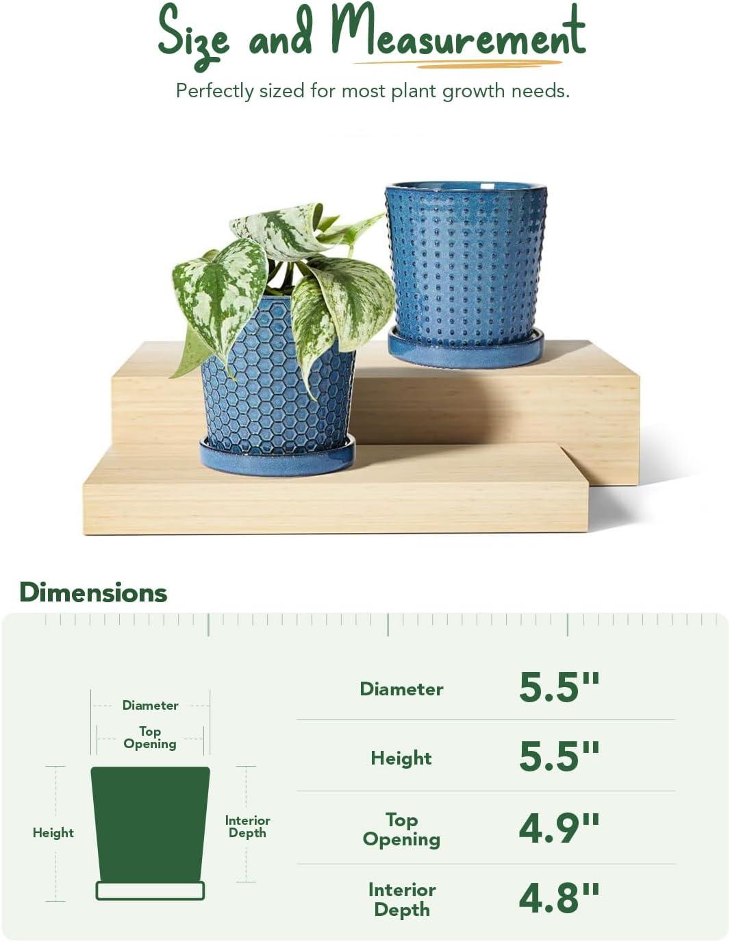 BEMAY 5.5" Plant Pots, Ceramic Indoor Planters with Drainage and Tray, Set of 2 Flower Pots for Succulent,Plants, Reactive Glaze Blue