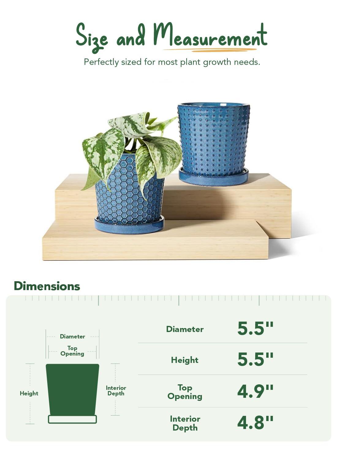 BEMAY 5.5" Plant Pots, Ceramic Indoor Planters with Drainage and Tray, Set of 2 Flower Pots for Succulent,Plants, Reactive Glaze Blue