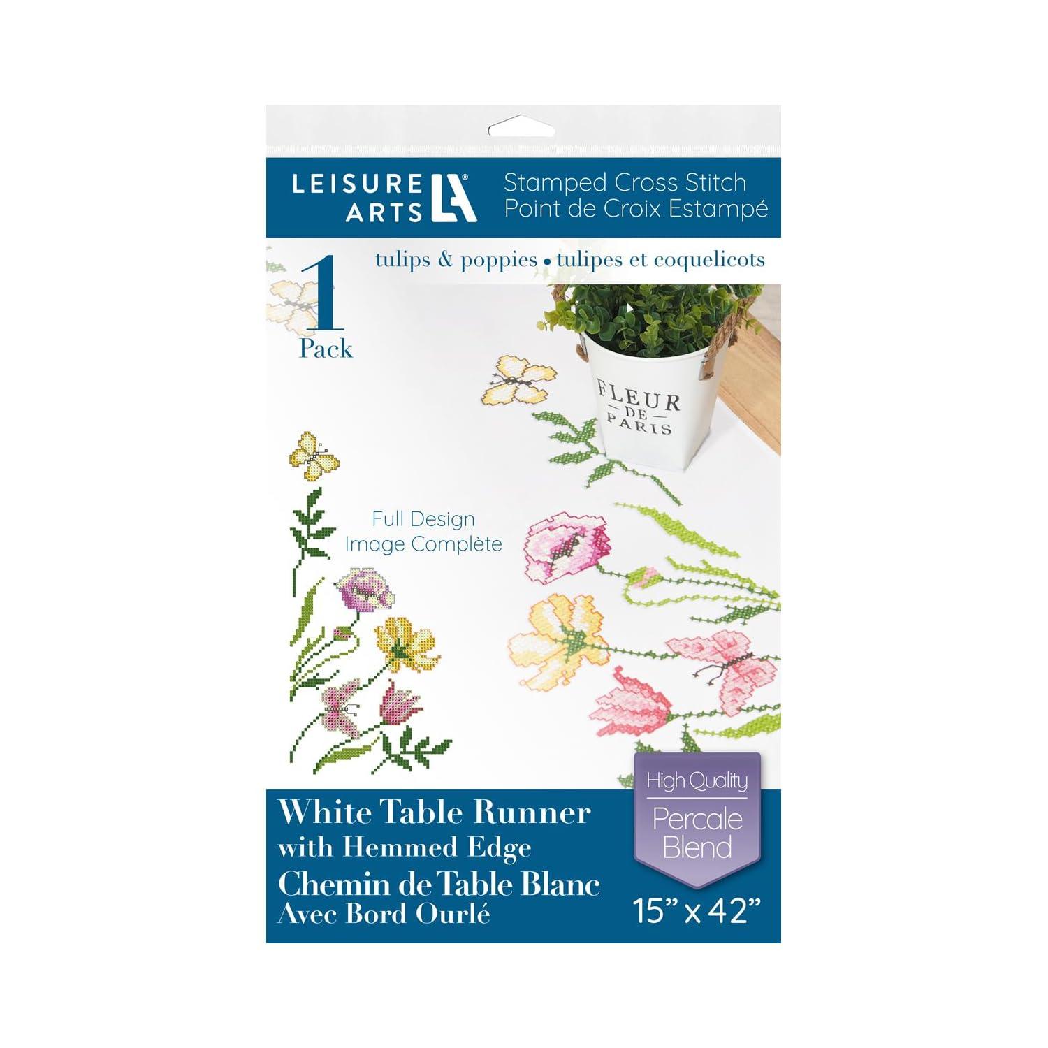 Leisure Arts Table Runner 15"X42" Tulips & Poppies, Kitchen Table Runner, Embroidery Kit, Kitchen Runner, Cross Stitch Kits For Beginners, Embroidery Patterns, Fabric
