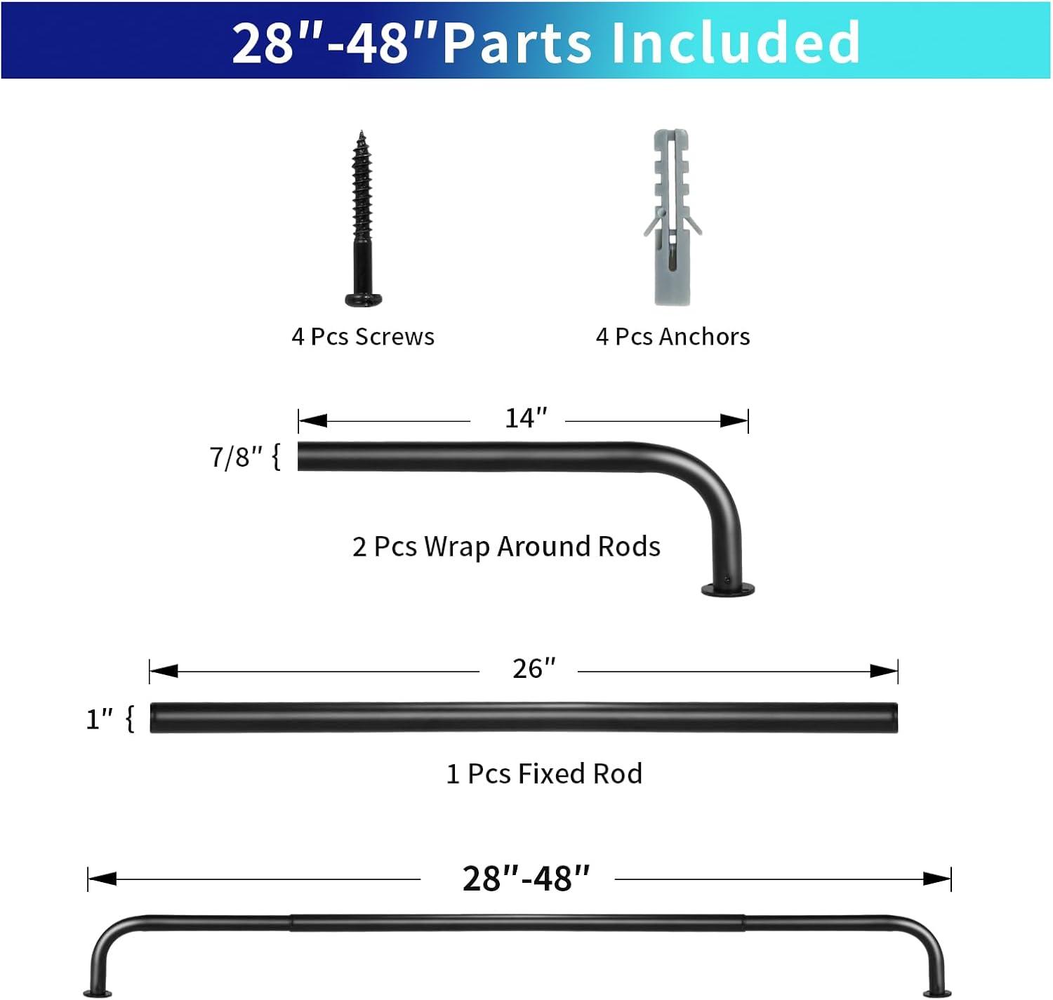 Energy-saving Wraparound Adjustable French Blackout Curtain Rod Set Matte Black 28"-48" Black Finish