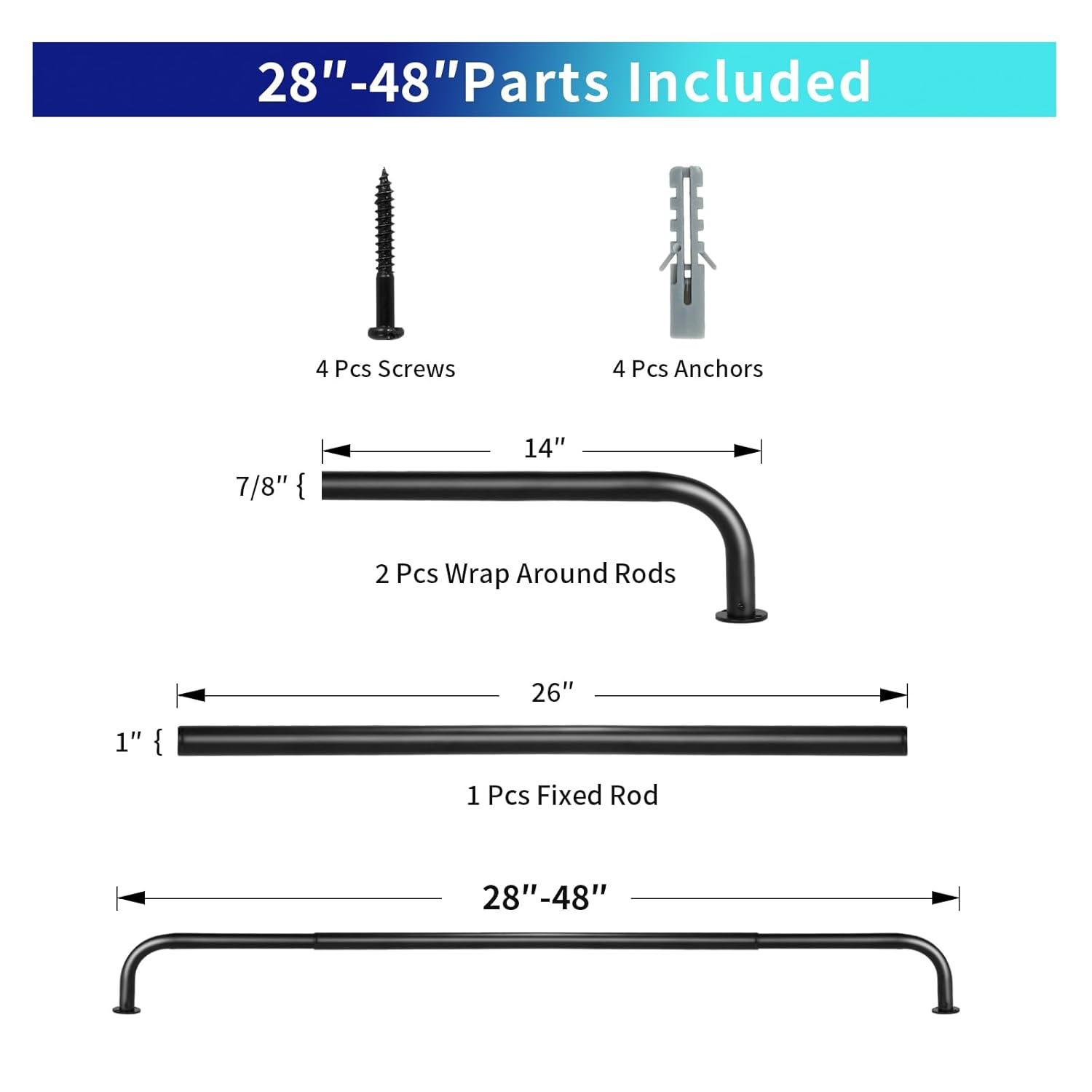 Energy-saving Wraparound Adjustable French Blackout Curtain Rod Set Matte Black 28"-48" Black Finish