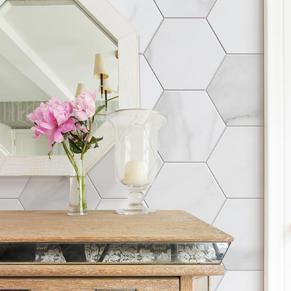 Hexagon White Stone Composite Peel and Stick Backsplash Tiles