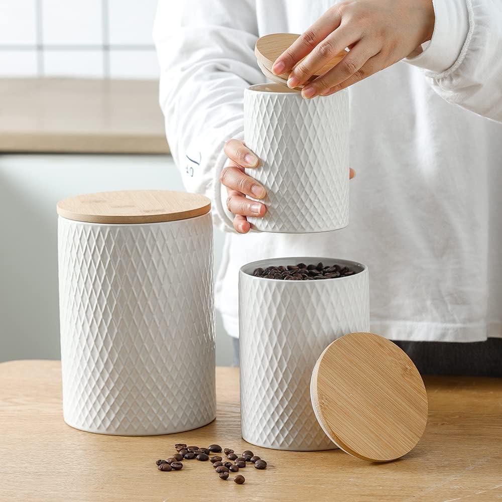 Woven Paths Set of 3 White Stoneware Canisters with Bamboo Lids