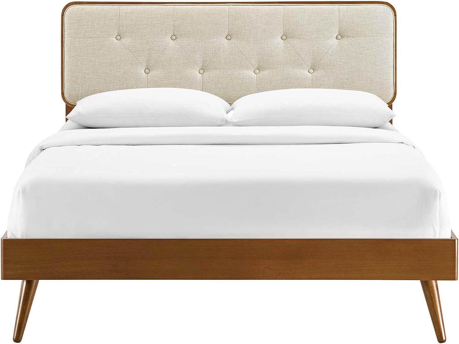 Bridgette King Walnut Beige Tufted Upholstered Wood Platform Bed