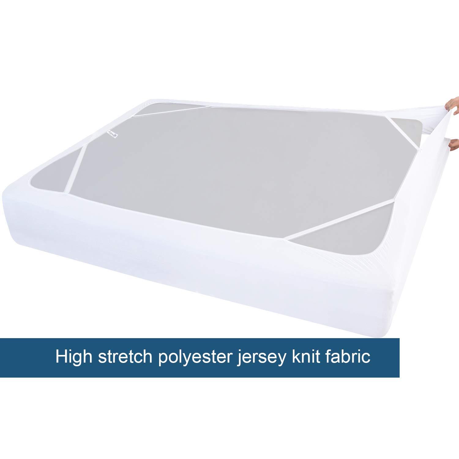 Box Spring Cover Queen Size, Elastic Fabric Wrap Around 4 Sides Bed Skirt, Sleek Alternative for Bed Skirts for Hotel/Home, Fits Box Springs up to 13”, White