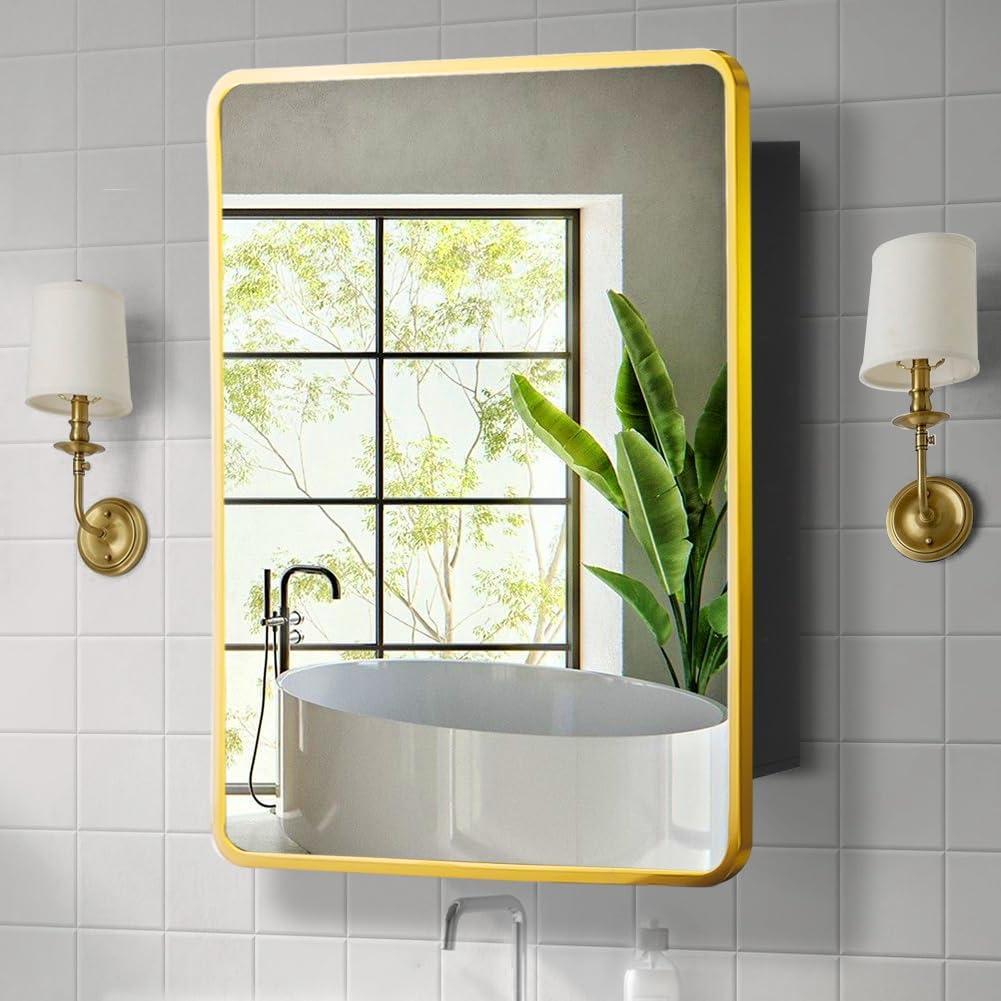 Movo Mirror Medicine Cabinet 20 Inch x 28 Inch Gold Metal Framed Bathroom Medicine Cabinet with Mirror Rectangle Recess or Surface Mount Installation