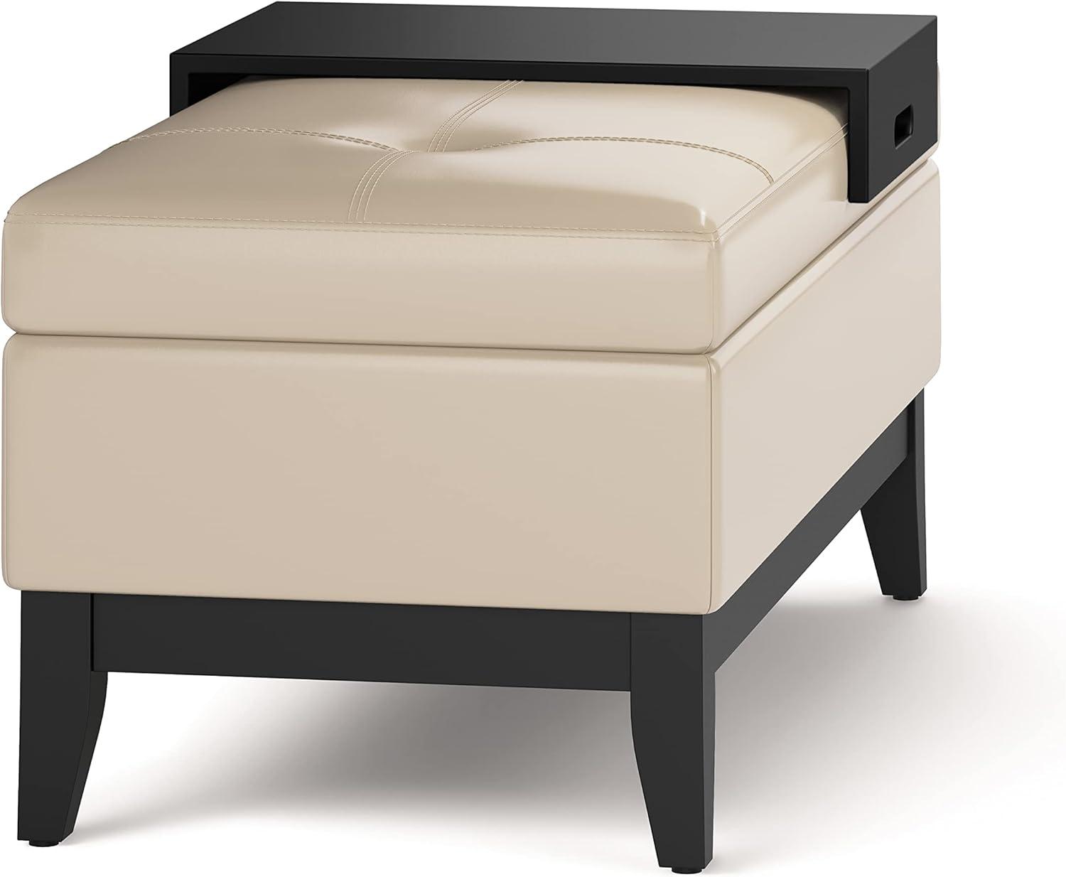 Simpli Home Oregon 42" Wd. Storage Ottoman Bench with Tray in Satin Cream Faux Leather