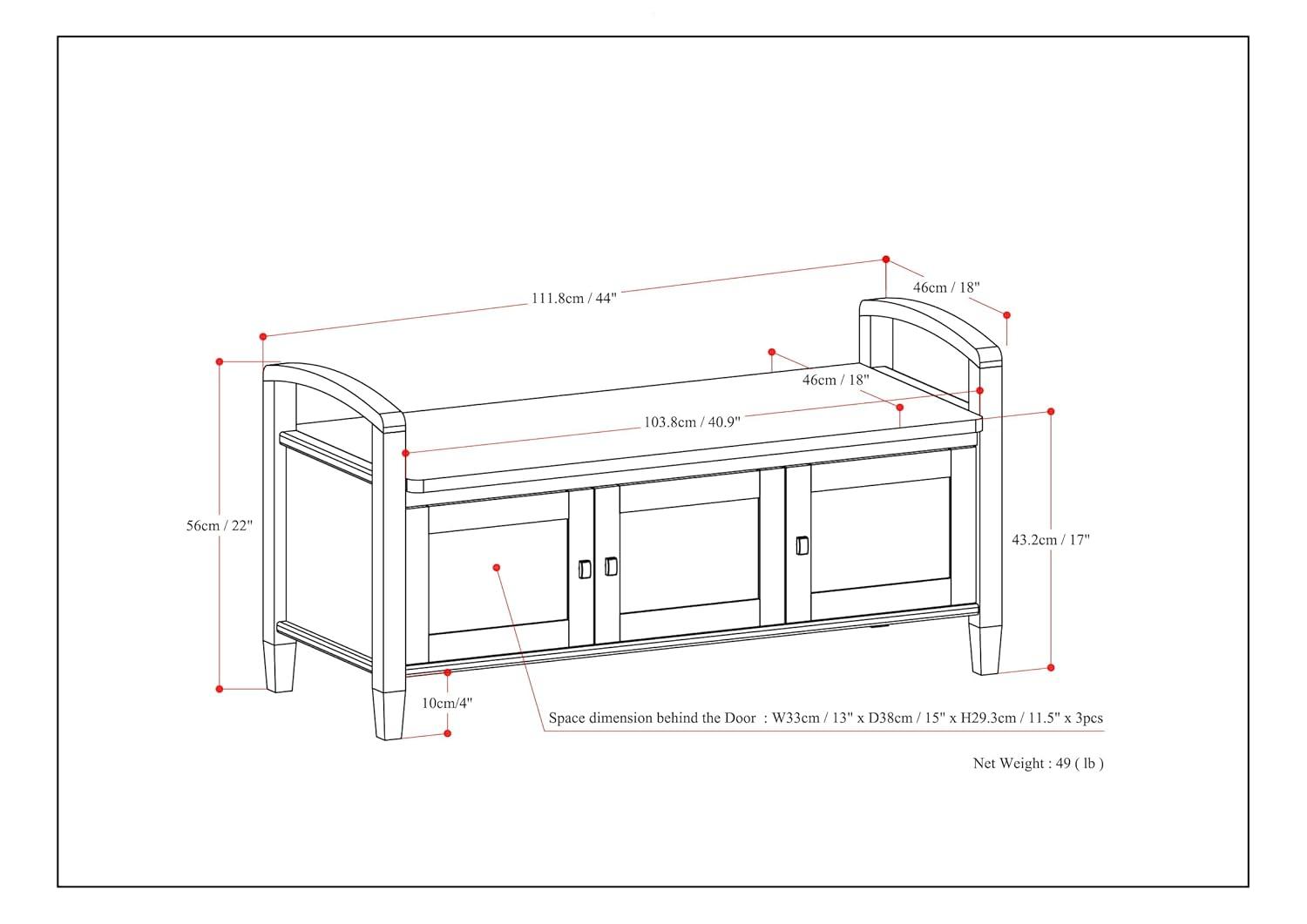 Simpli Home Warm Shaker 44"W Solid Wood Entryway Storage Bench with 3 Cabinets, Shaker-Style Doors and Interior Shelves