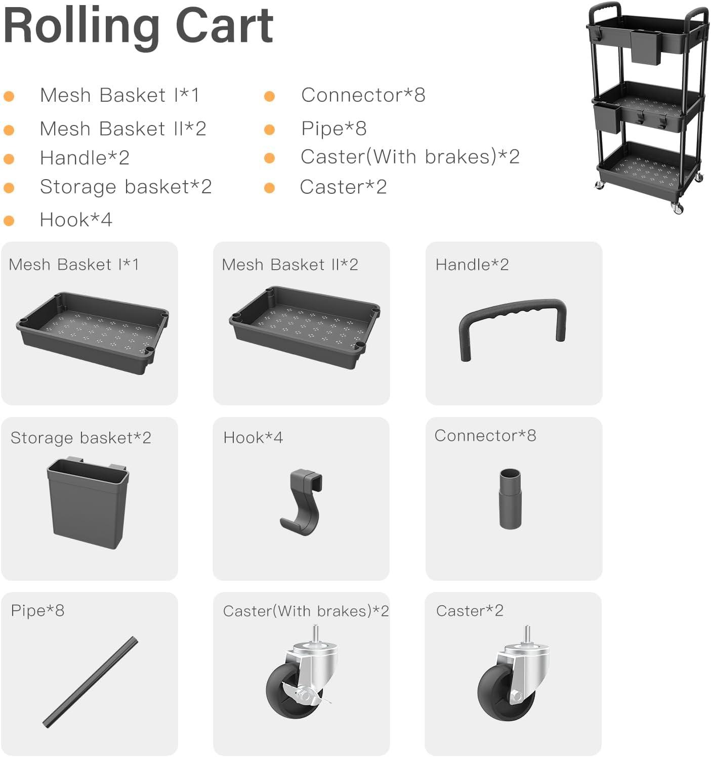 Black 3-Tier Rolling Utility Cart with Drawer and Handle