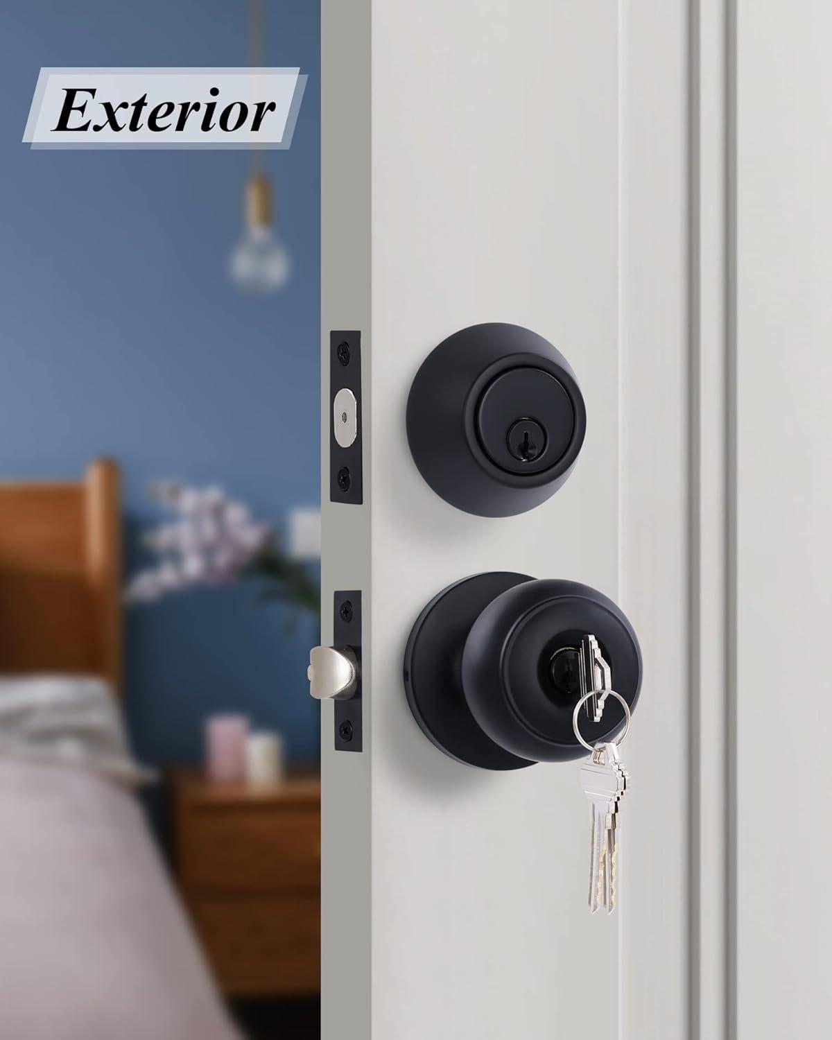 Matte Black Alloy Steel Round Door Knob Set with Deadbolt