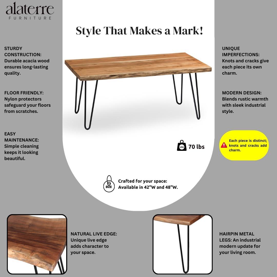 Alaterre Furniture 48" Hairpin Natural Brown Live Edge Large Coffee Table: Acacia Wood, Nylon Floor Protectors